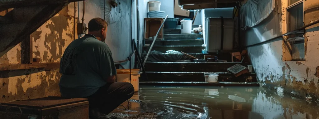 Man sitting on the edge of a flooded basement, assessing water damage and flood risks in a residential setting.
