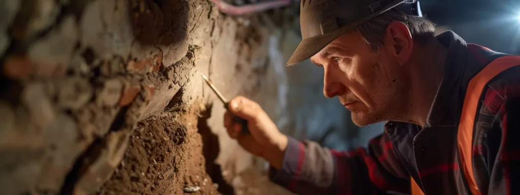 Professional inspecting basement wall for damage, focusing on foundation repair techniques, wearing safety gear.