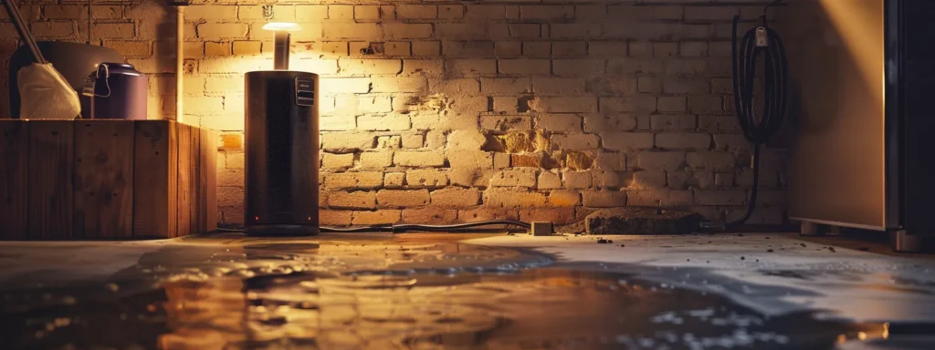 Basement interior with a sump pump, water pooling on the floor, and illuminated brick walls, illustrating the importance of sump pump solutions for moisture control and flood prevention.