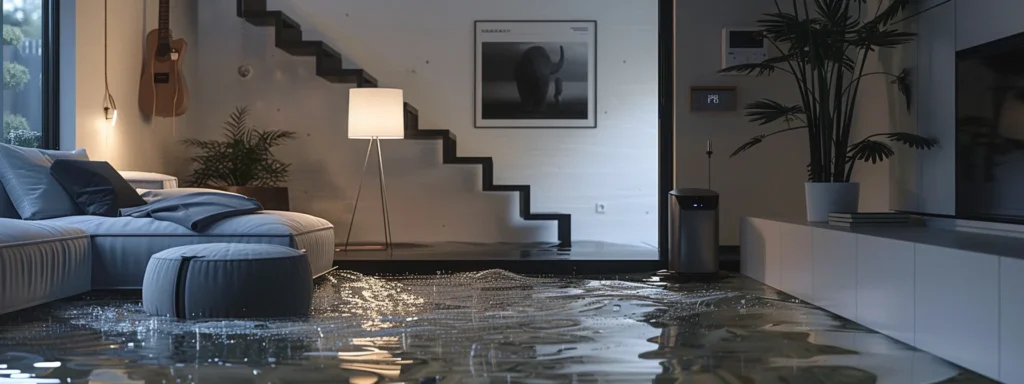 Flooded living room with water covering the floor, modern furniture, and a lamp, highlighting potential water damage risks in homes.