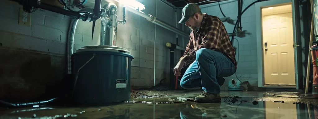 Man inspecting a sump pump in a flooded basement, emphasizing maintenance for reliable performance and flood prevention in Philadelphia.