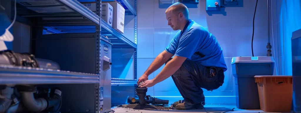 Professional technician installing a sump pump in a basement, surrounded by plumbing equipment and storage, emphasizing expertise in basement waterproofing in Philadelphia.