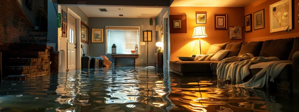 Flooded basement interior with furniture submerged in water, illustrating the impact of water damage and the importance of sump pumps for basement waterproofing.