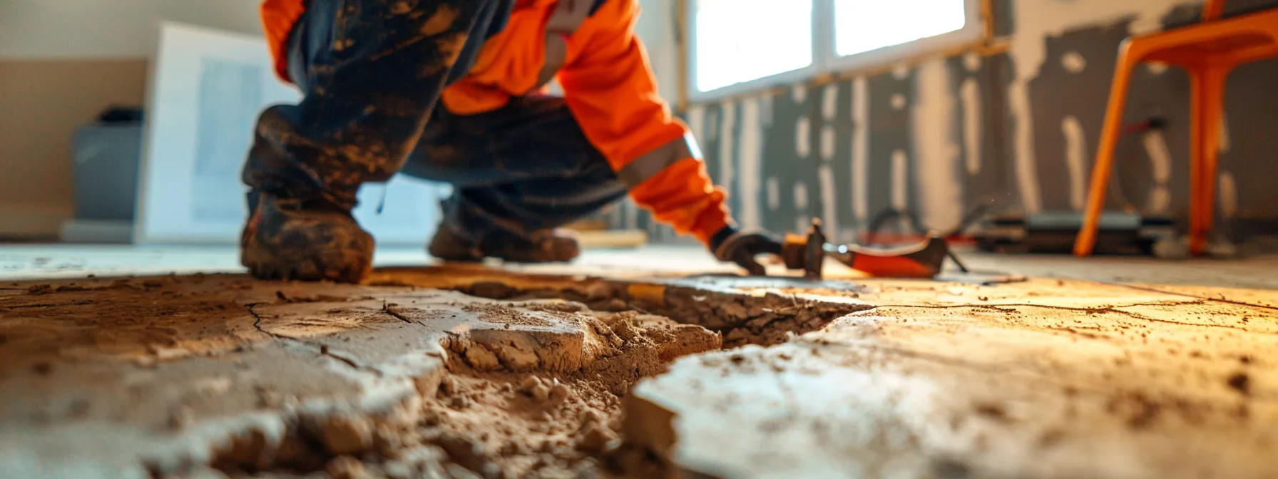 a close-up of a professional contractor inspecting a freshly repaired foundation crack in a modern philadelphia home, showcasing tools and materials neatly arranged in a well-lit urban construction environment.