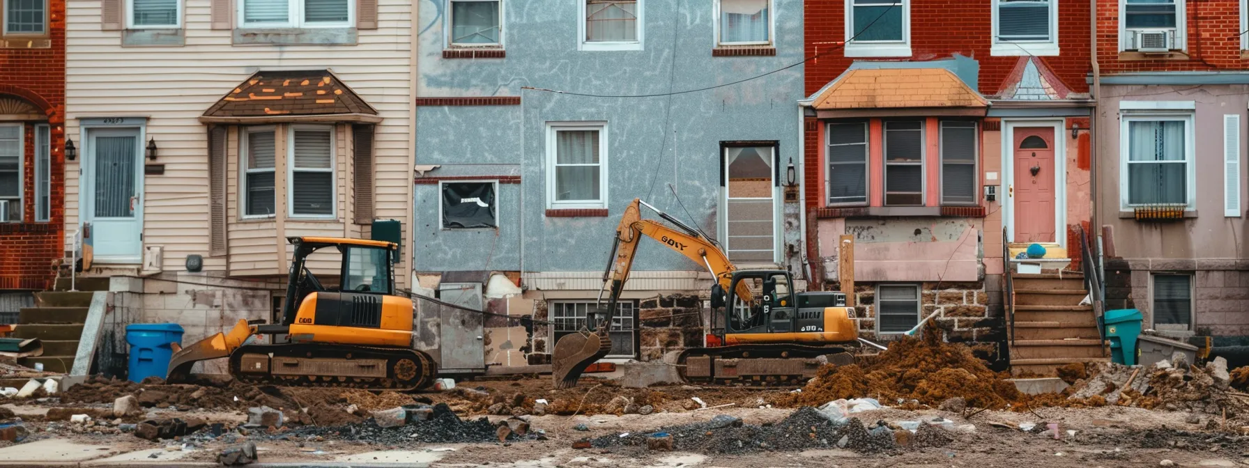 a detailed urban scene showcasing a row of aging philadelphia homes with visible foundation cracks, contrasting with construction equipment and repair tools nearby, highlighting the pressing need for foundation stability amidst the city's shifting clay soil.