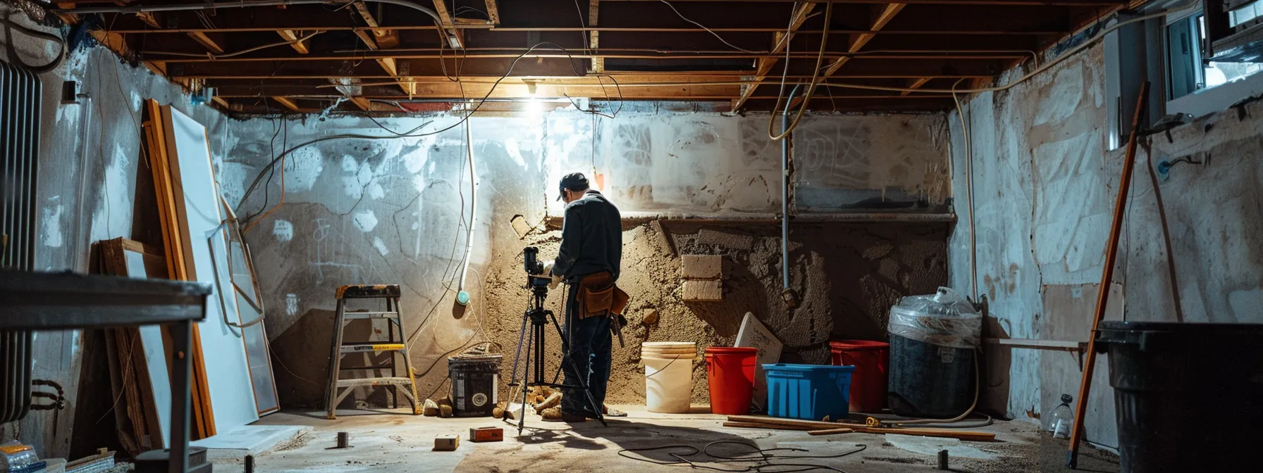 a professional contractor inspects a concrete foundation in a well-lit, urban philadelphia basement, surrounded by tools and repair materials, conveying expertise in addressing local structural challenges.