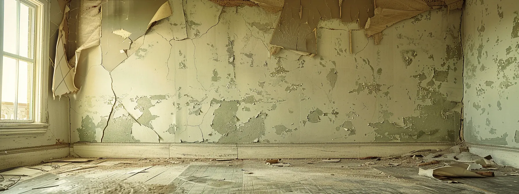 a stark interior photo captures a distressed home with visible cracks in the walls and ceilings, uneven floors, and a damp basement, highlighting the urgent need for foundation repair expertise.