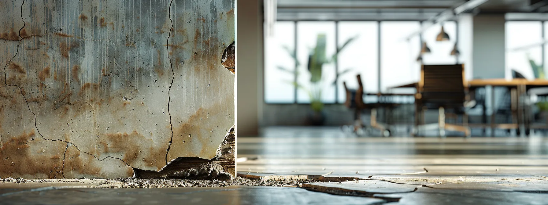 a stark office setting featuring a close-up of a cracked foundation wall, illuminated by harsh overhead lighting, emphasizes the urgent need for professional repair services to prevent costly structural damage.