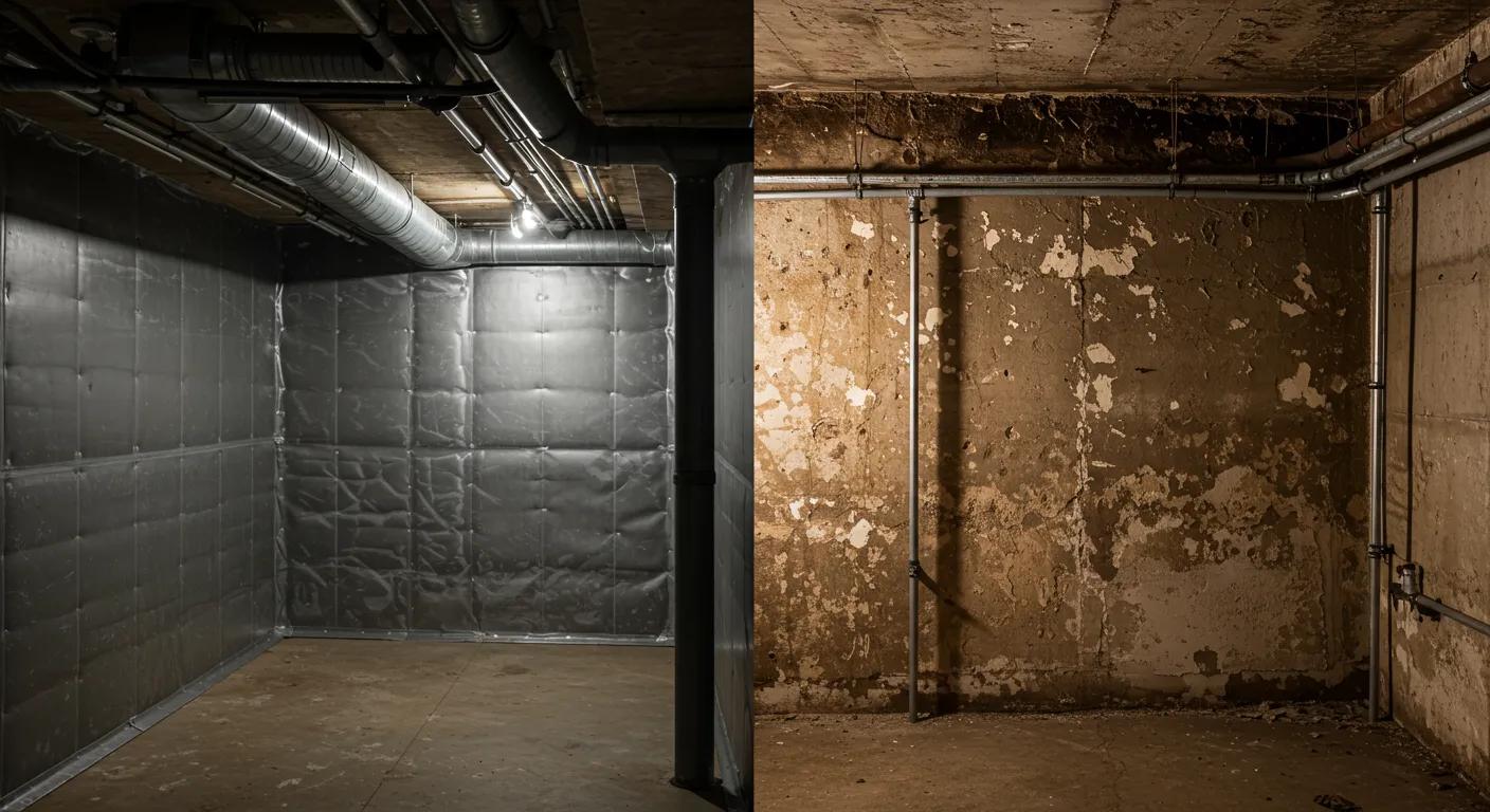 a dimly lit basement showcasing a stark contrast between a meticulously sealed interior waterproofing system on one side and a weathered, exposed exterior wall with visible moisture damage on the other, highlighting the effectiveness of each method in tackling dampness.