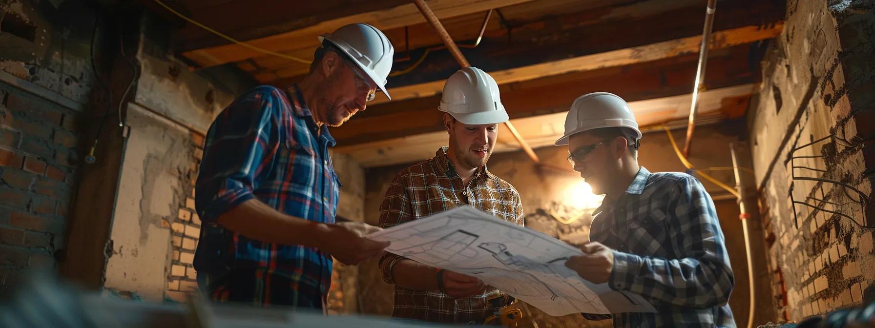 a professional basement waterproofing team in hard hats reviews a detailed project plan in a well-lit urban basement, surrounded by tools and waterproofing materials, emphasizing their expertise and commitment to quality service.