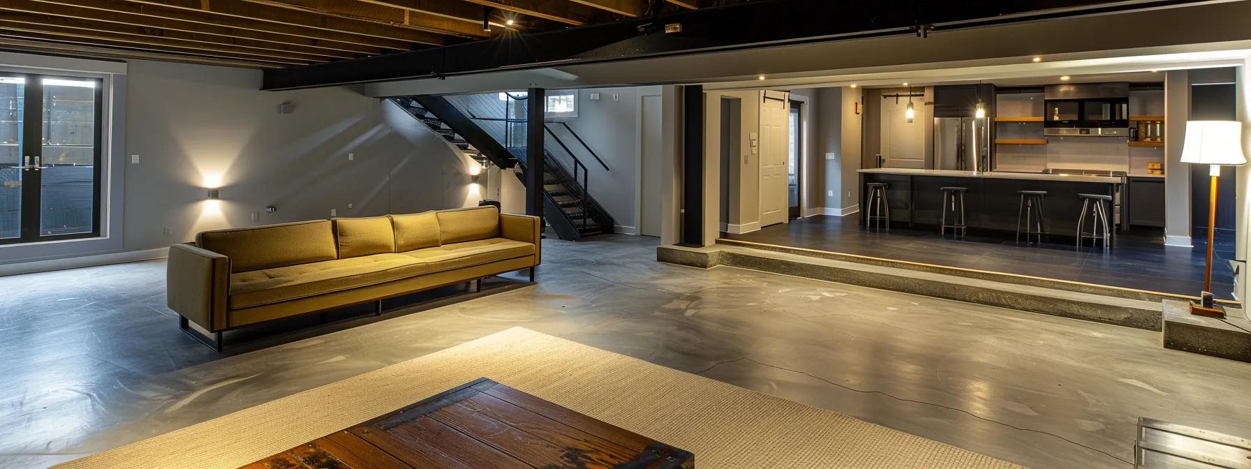 a stark, modern basement interior showcases an advanced waterproofing system, featuring sleek, industrial-grade materials and technology, illuminated by soft overhead lights that emphasize the clean lines and functional design of the space.