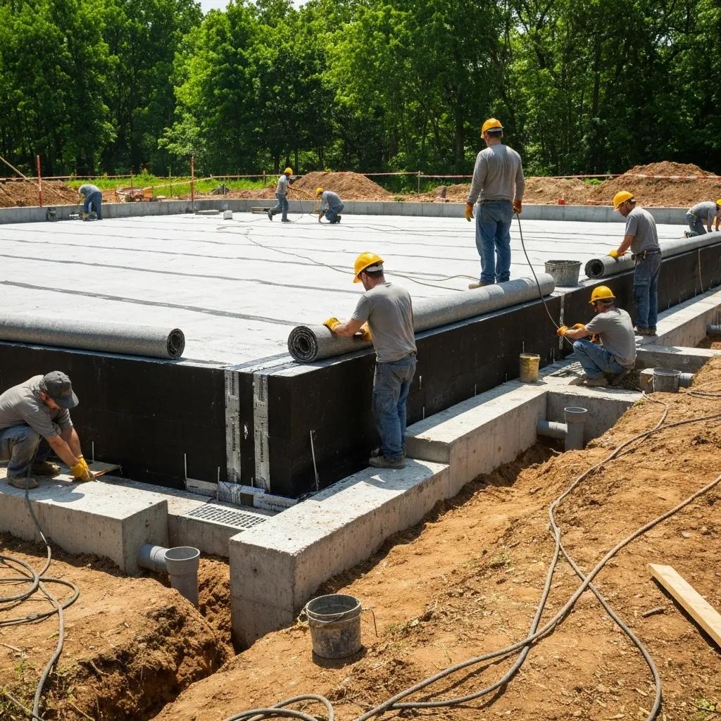 Construction team installing exterior waterproof membranes around a foundation, showcasing waterproofing solutions