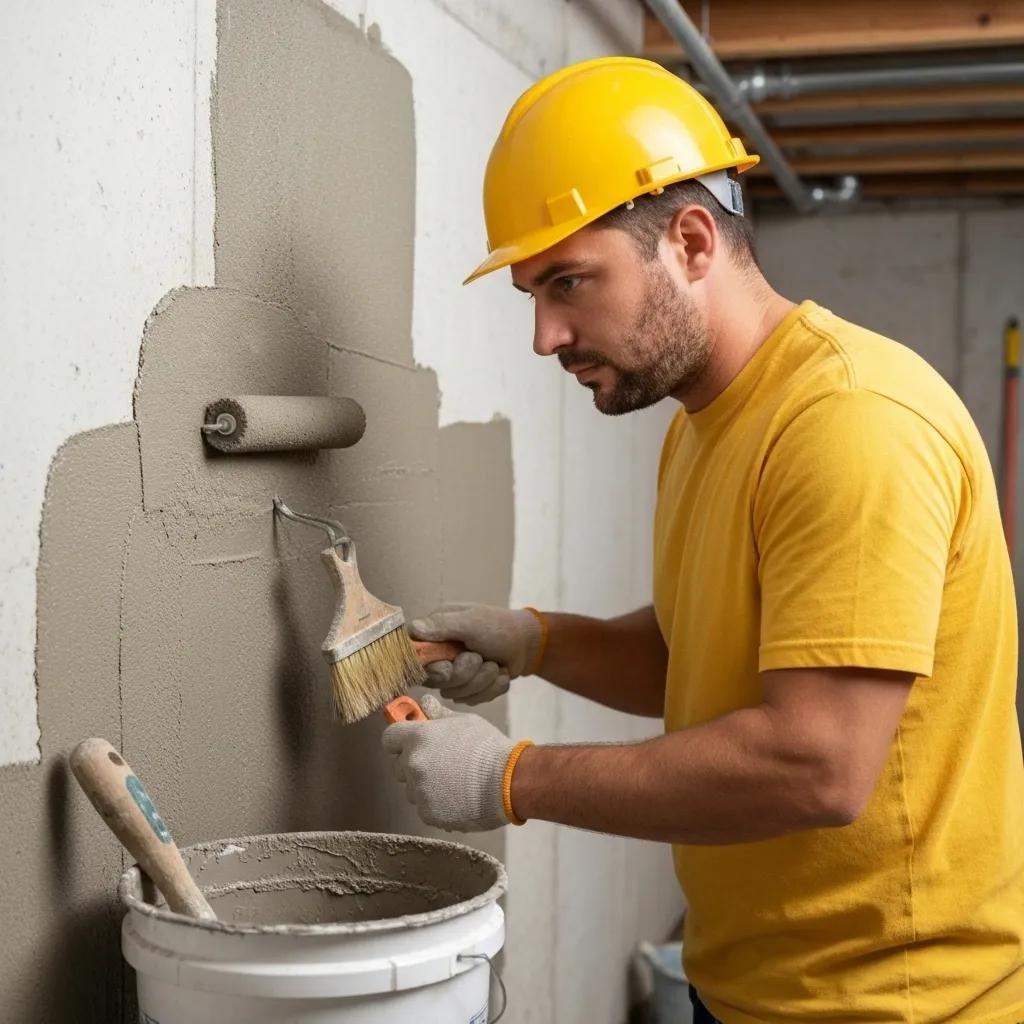 Worker applying interior waterproof coatings to basement walls, demonstrating moisture protection techniques