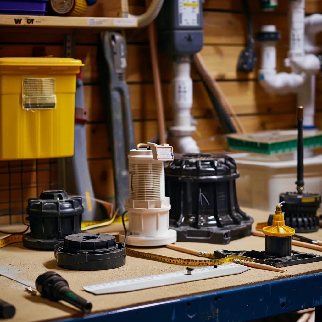 Close-up of various sump pump sizes and specifications on a workbench, illustrating the importance of correct sizing for basement installation