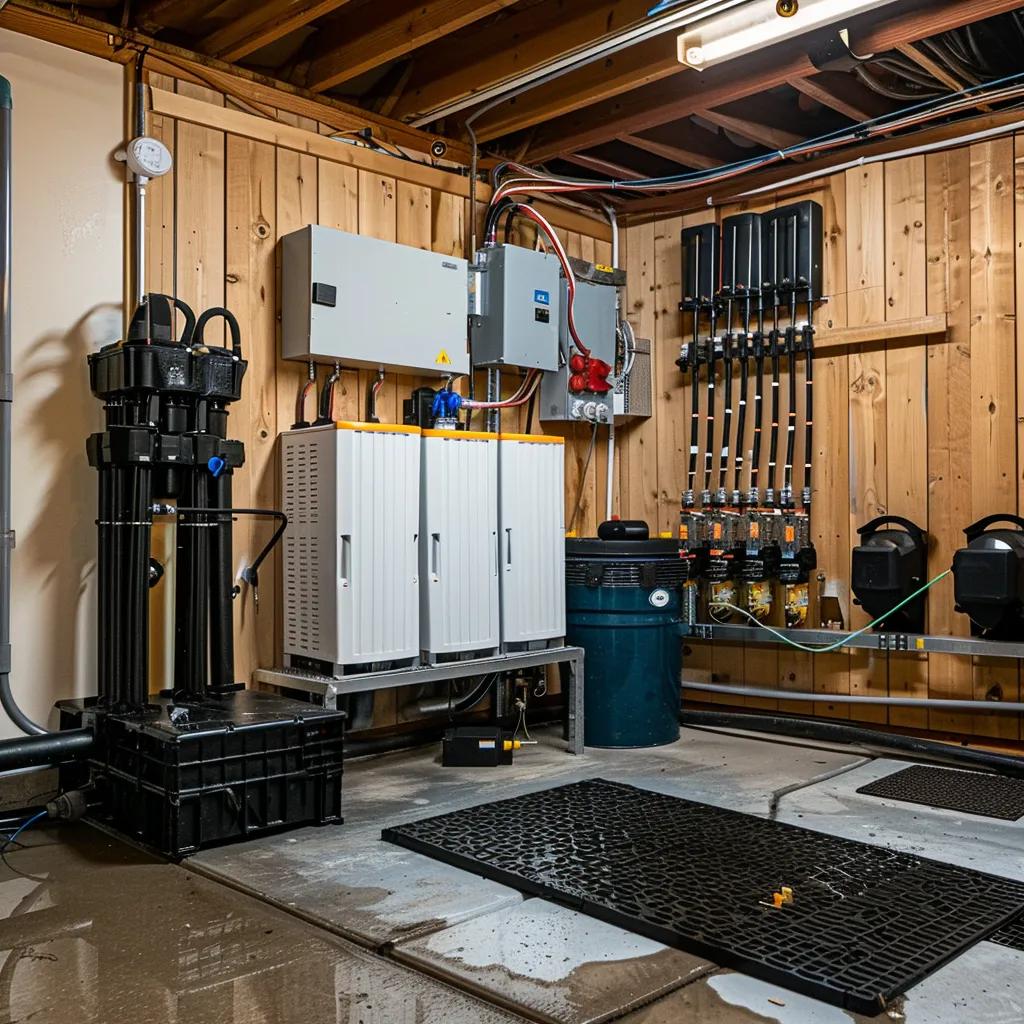 Battery backup sump pump system in a basement, emphasizing the importance of backup systems for reliable operation during power outages