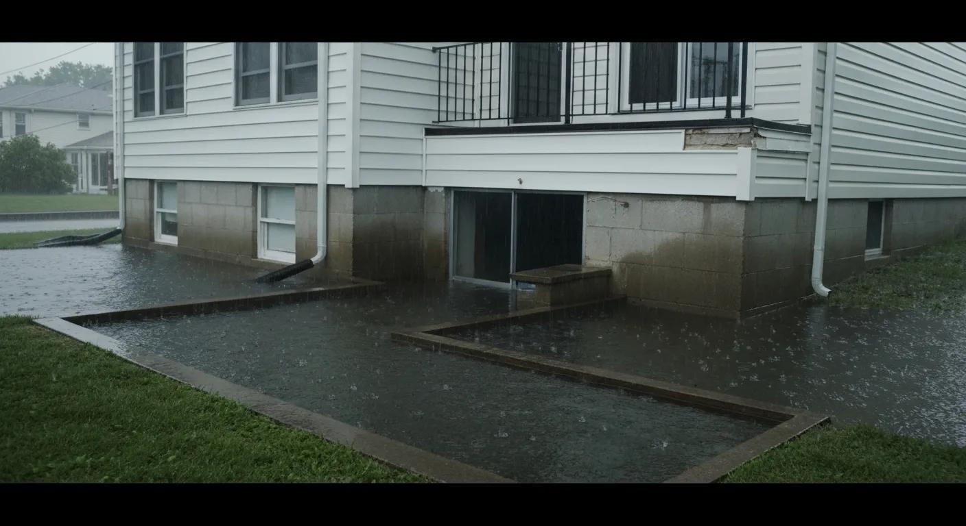 The impact of heavy rain on a Philadelphia home, showing water pooling around the foundation and signs of water intrusion