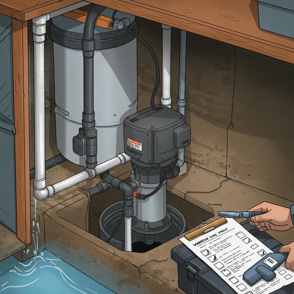 Homeowner performing maintenance on a sump pump in a basement, highlighting maintenance practices